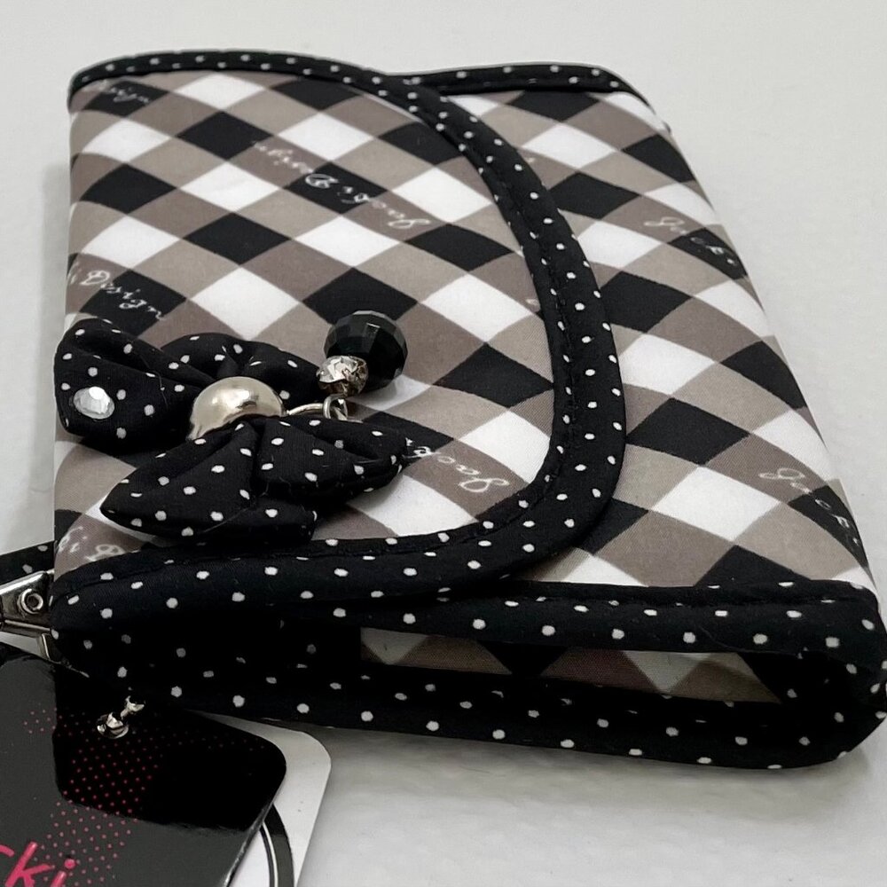 NWT JACKI DESIGN WRISTLET FLAPTOP WALLET COIN MAKEUP BLACK/WHITE BOW W/BEADS - Picture 4 of 11